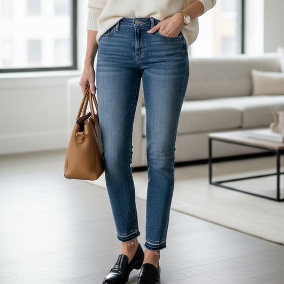 PAIGE Denim - Skyline Ankle Peg PAIGE Blue Cotton Blend Raw Hem Slim Skinny Jeans 32